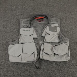 Simms Vest Mens Small Gray Mesh Fishing Utility Multi Pocket Zip Front Gear